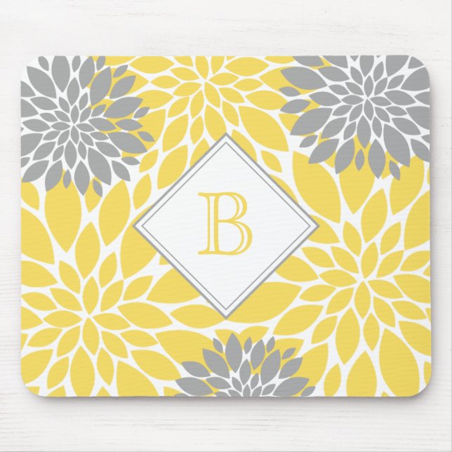 Modern Blooms,   Initial Monogram, Yellow Grey Mouse Pad (Front)