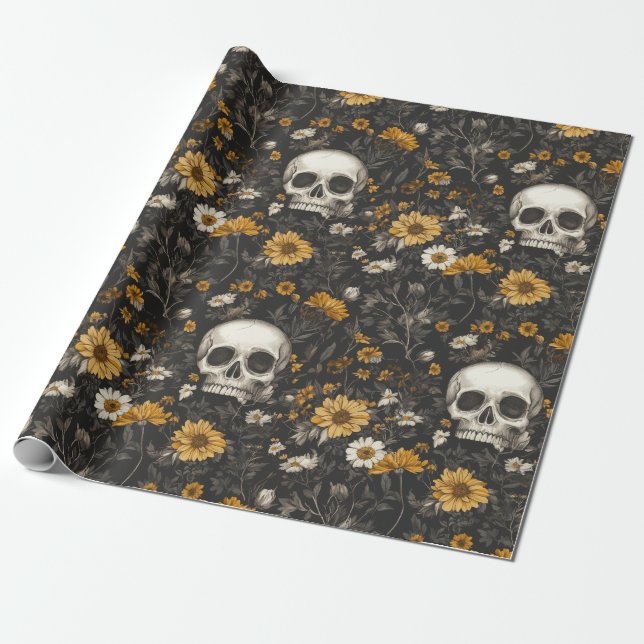 Modern Blossom Skull style gift paper (Unrolled)