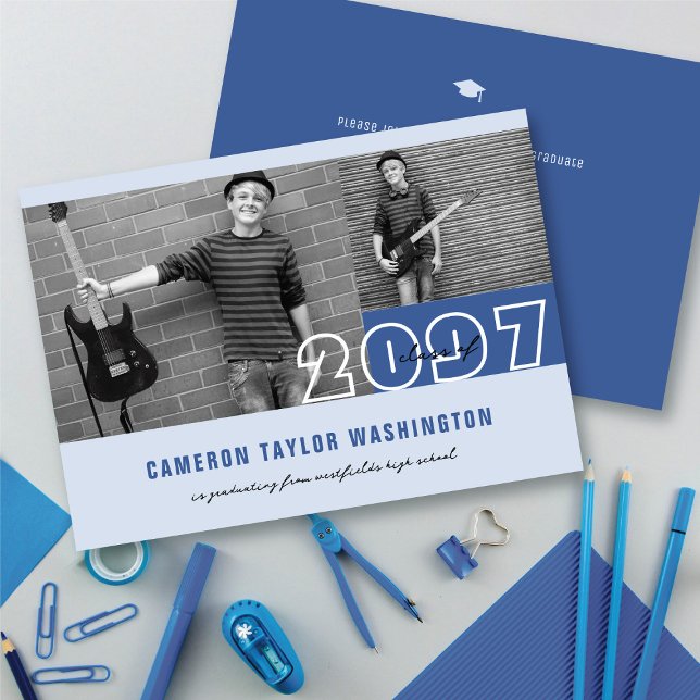 Modern Blue 2 Photo Blocks Simple Graduation Party Invitation (Modern Blue 2 Photo Blocks Simple Graduation Announcement & Party Invitation @ fatfatin)