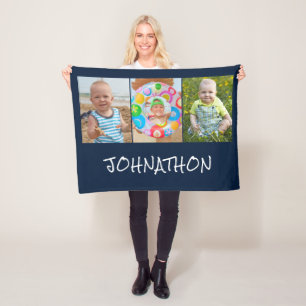 Modern Blue 3 Photo Collage Name Fleece Blanket