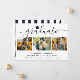 Modern Blue 3 Photo Collage Script Graduation Announcement