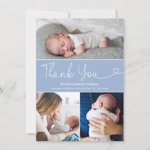 Modern Blue 3 Photos Baby Boy Shower Script heart Thank You Card