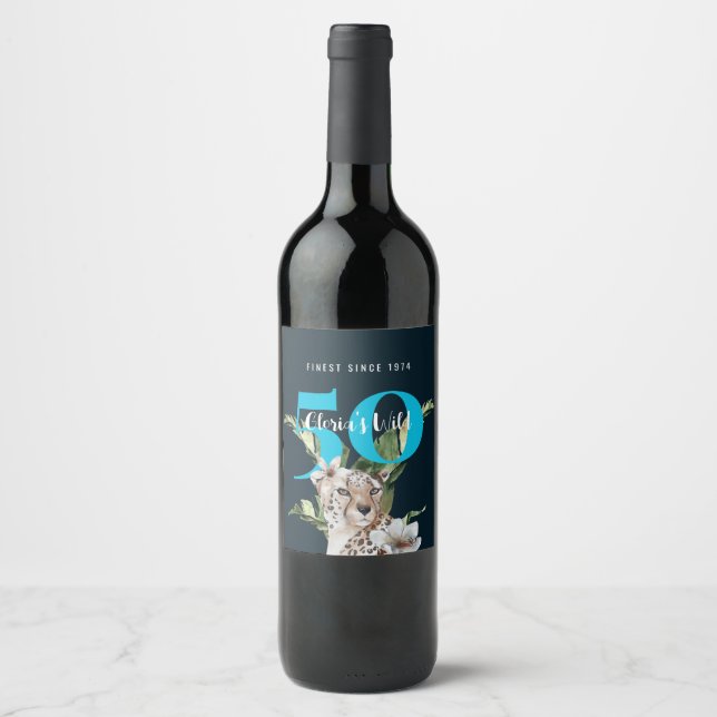 Modern Blue 50th Birthday Wild Jungle Leopard Wine Label (Front)