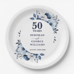 Modern Blue 50th Wedding Anniversary Greenery  Paper Plate