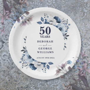 Modern Blue 50th Wedding Anniversary Greenery  Paper Plate