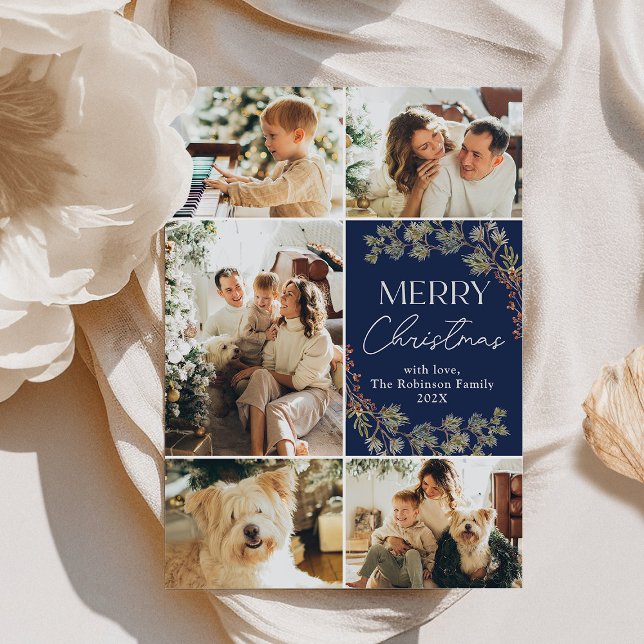 Modern Blue 5 Photo Collage Merry Christmas Card (Creator Uploaded)