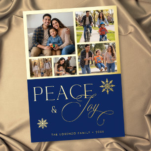 Modern Blue 5 Photo Collage Peace & Joy Foil Holiday Card