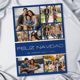 Modern Blue 7 Photo Collage Feliz Navidad Foil Holiday Card