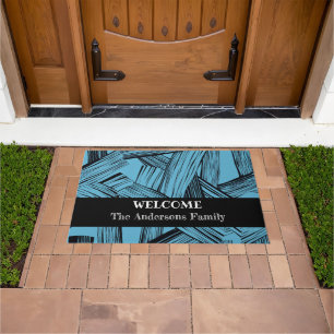 Modern Blue Abstract Family Name Welcome  Doormat
