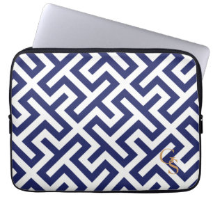 Modern blue abstract geometric patterns monogram laptop sleeve