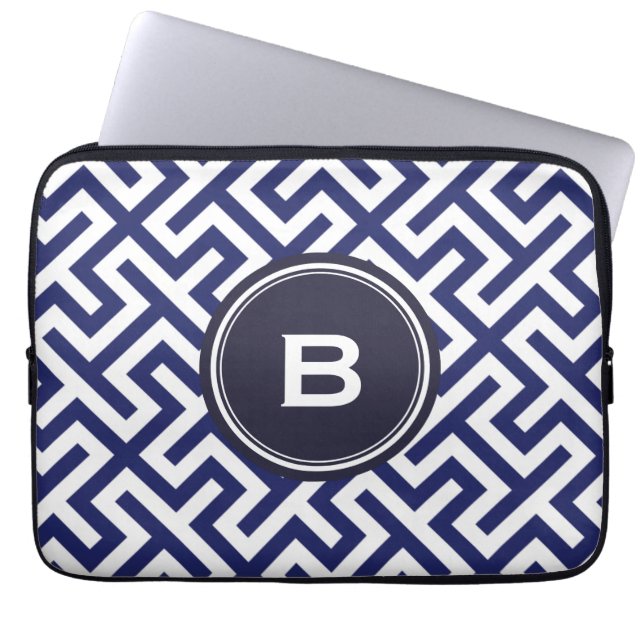 Modern blue abstract geometric patterns monogram laptop sleeve (Front)