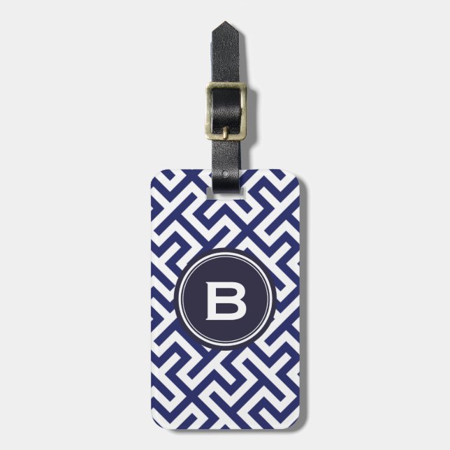 Modern blue abstract geometric patterns monogram luggage tag (Front Vertical)