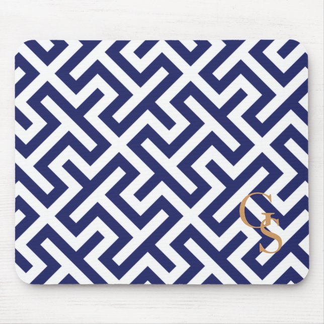Modern blue abstract geometric patterns monogram mouse pad (Front)