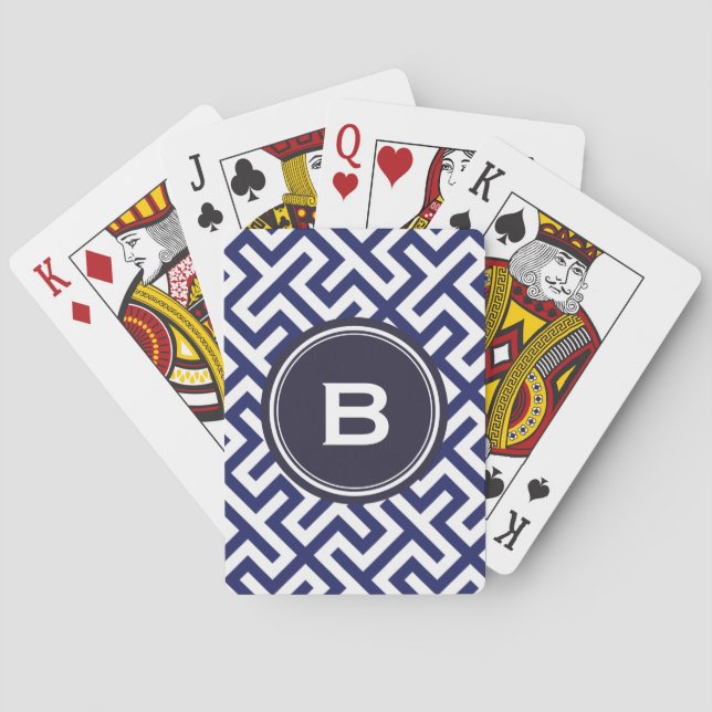 Modern blue abstract geometric patterns monogram playing cards (Back)