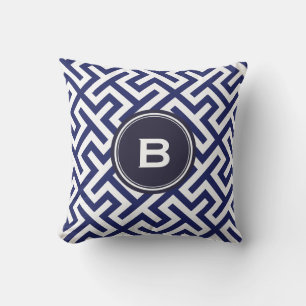 Modern blue abstract geometric patterns monogram throw pillow