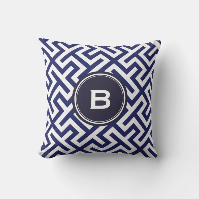 Modern blue abstract geometric patterns monogram throw pillow (Front)