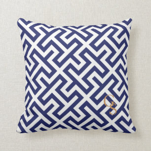 Modern blue abstract geometric patterns monogram throw pillow