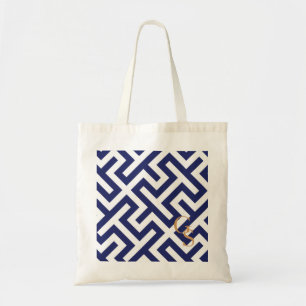 Modern blue abstract geometric patterns monogram tote bag