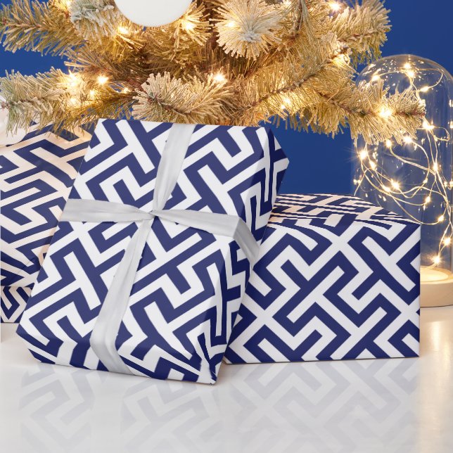 Modern blue abstract geometric patterns monogram wrapping paper (Holidays)