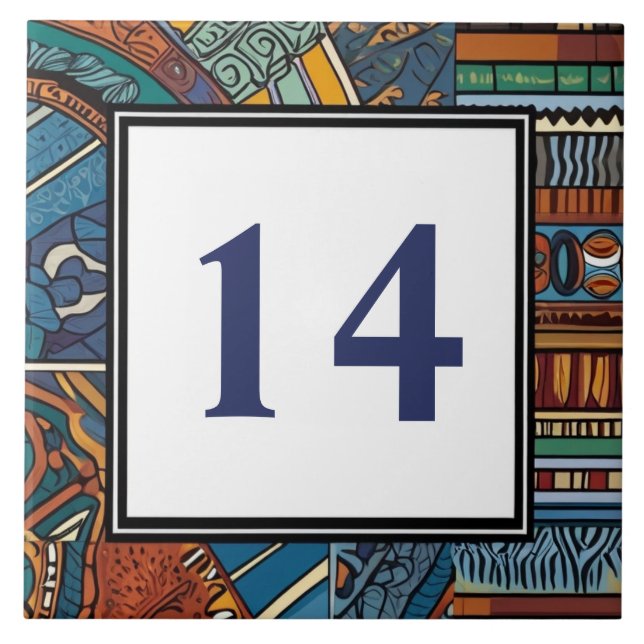 Modern Blue Abstract House Number Sign Plaque Tile (Front)