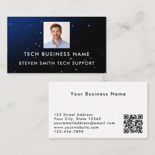 Modern Blue Add Photo & QR Code Tech Professional Business Card