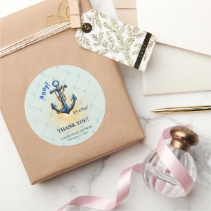 Modern Blue Ahoy! Anchor Nautical Baby Shower Classic Round Sticker