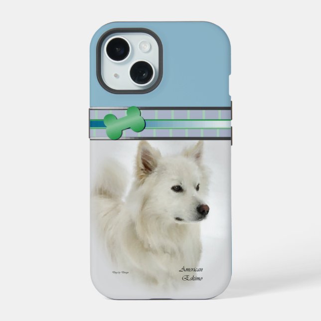 Modern Blue American Eskimo Dog Art iPhone 15 Case (Back)