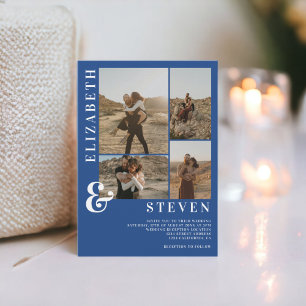 Modern blue ampersand 5 photo grid wedding invitation