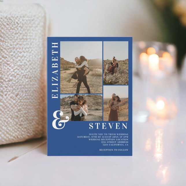 Modern blue ampersand 5 photo grid wedding invitation (Modern blue ampersand 5 photo grid wedding invitation)