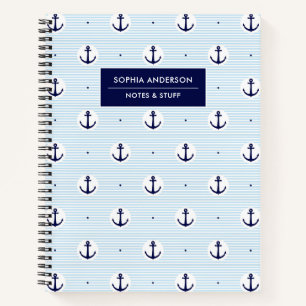 Modern Blue Anchors & Stripes Personalized Name Notebook