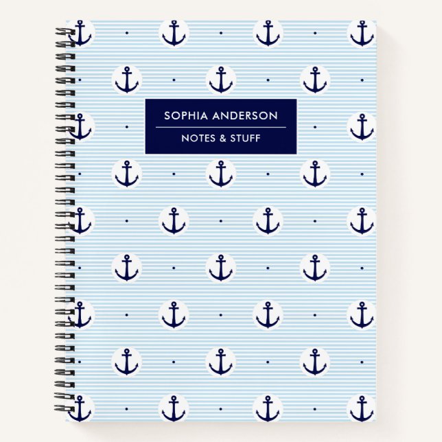 Modern Blue Anchors & Stripes Personalized Name Notebook (Front)