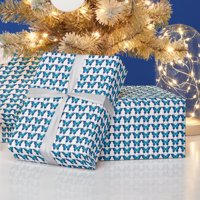 Modern Blue and Black Butterfly Pattern  Wrapping Paper (Holidays)