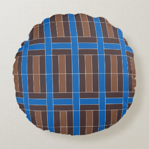 Modern Blue and Brown Geometric Plaid Pattern   Round Pillow