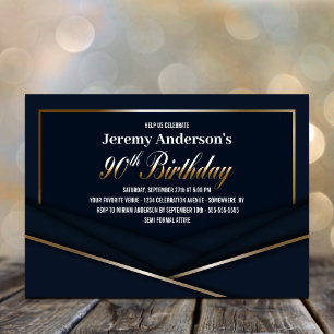 Modern Blue and Gold 90th Birthday Party Invitation