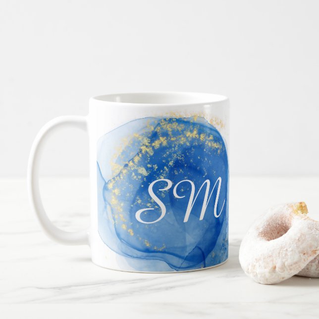 Modern Blue and Gold Alcohol Ink Art Custom Name Coffee Mug (With Donut)