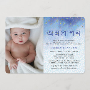 Modern Blue And Gold Annaprashan Invitation