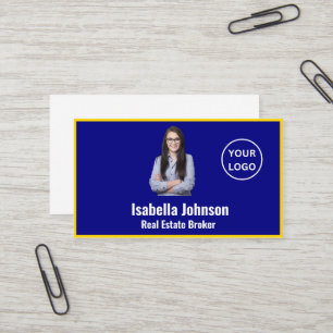Modern Blue and Gold Custom Photo Realtor Business Card