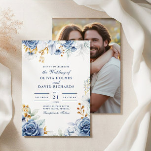 Modern Blue and Gold Floral Couple Photo Wedding Invitation