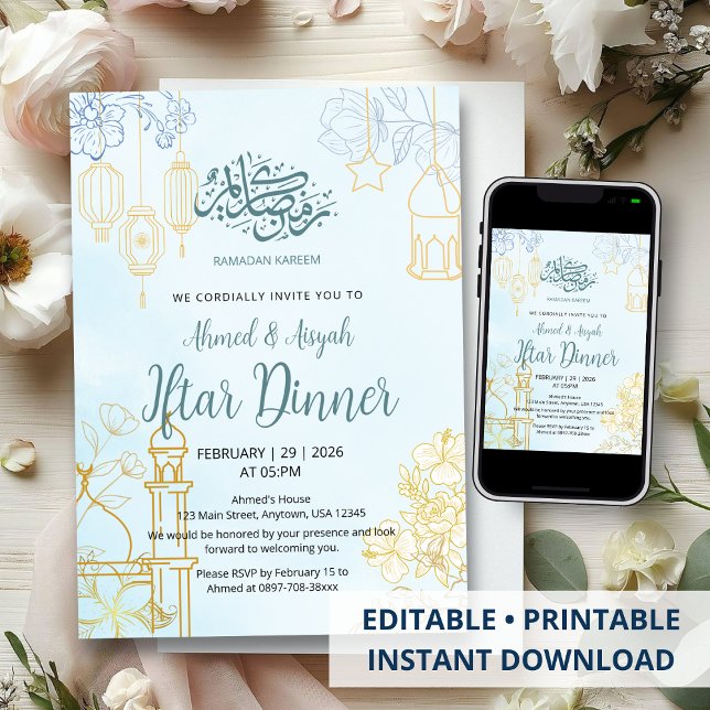 Modern Blue and Gold Floral Ramadan Iftar Dinner Invitation (Creator Uploaded)