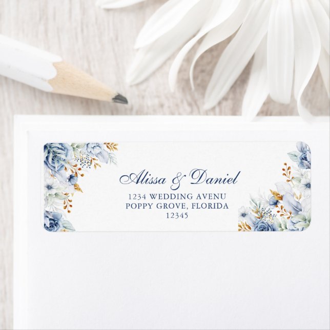 Modern Blue and Gold Floral Wedding Address (Insitu)