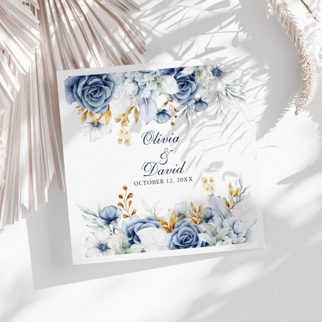 Modern Blue and Gold Floral Wedding Napkin (Modern Blue and Gold Floral Wedding Napkins on a sunny white table with neutral dry botanicals.)