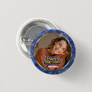 Modern Blue and Gold Glitter Photo Name Birthday 1 Inch Round Button