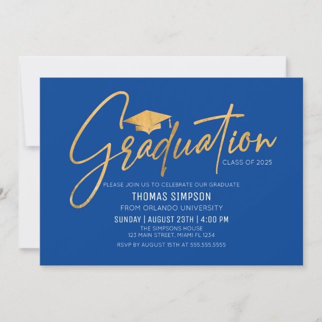 Modern blue and gold Graduation Invitation (Front)