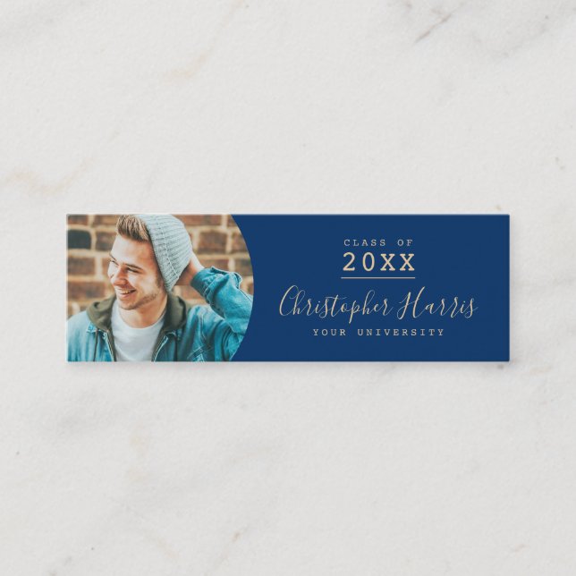 Modern blue and gold graduation photo class of cal calling card (Front)
