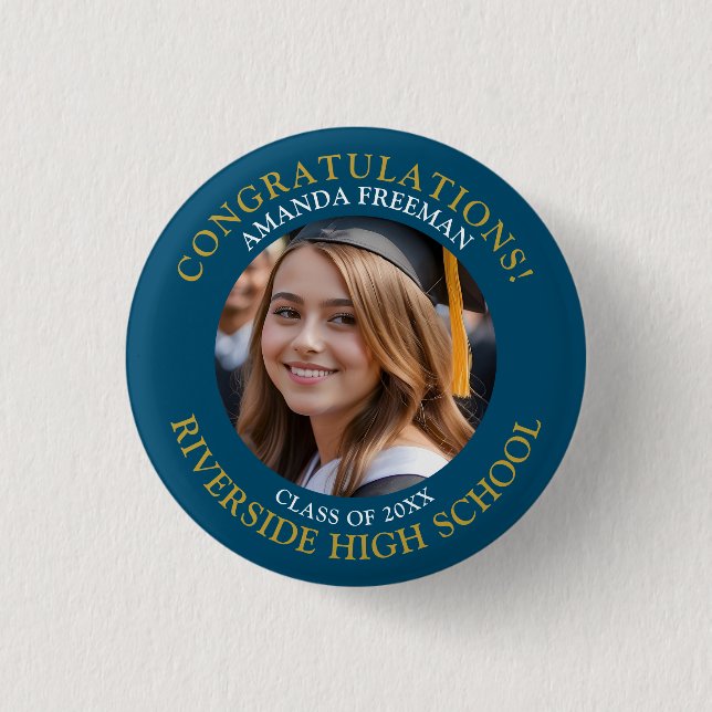 Modern Blue and Gold Photo Graduation 1 Inch Round Button (Front)