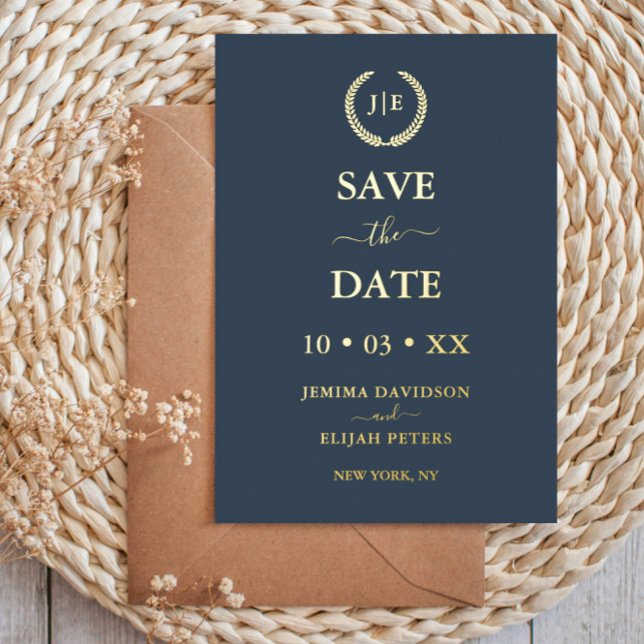 Modern Blue and Gold Photo Monogram Save the Date (Creator Uploaded)