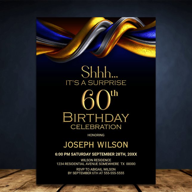 Modern Blue and Gold Surprise 60th Birthday Party Invitation (Creator Uploaded)