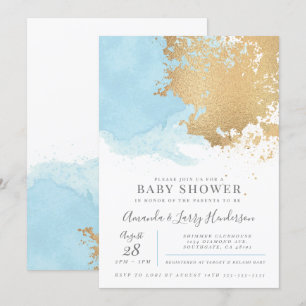 Modern Blue and Gold Watercolor Baby Shower Invitation
