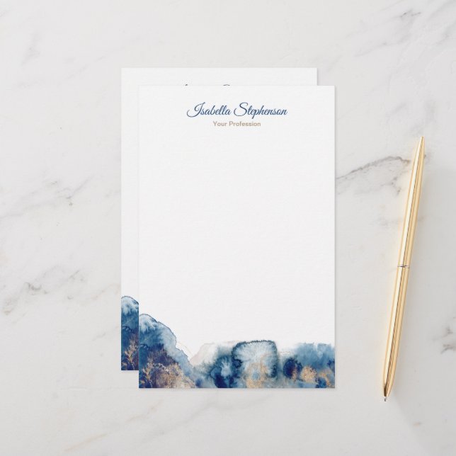 Modern Blue and Gold Watercolor Ink Personalize Stationery (Front/Back In Situ)