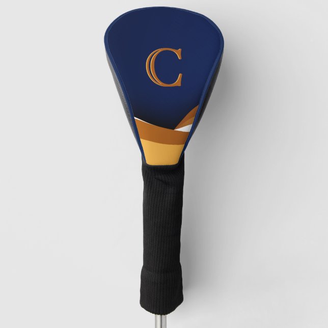 Modern Blue and Gold Wave Monogram Design Golf Head Cover (Front)